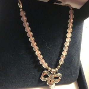 Pink &silver beaded necklace w/silver bow pendant